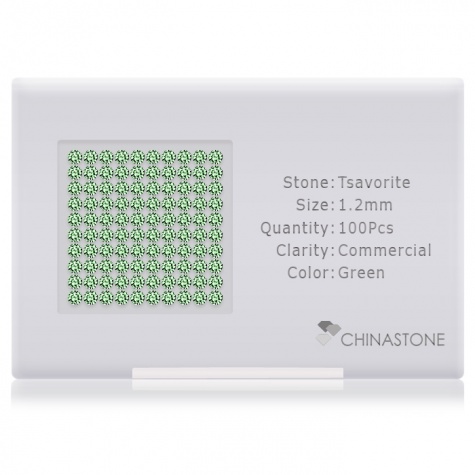 A perfectly calibrated lot of 100 high-precision cut natural grossular gemstones, which are secured in a purpose-built box and accompanied by a Certificate of Authenticity. Each round shaped stone on average weighs 0.01 carat, measuring 1.2mm in length, 1.2mm in width and 0.78mm in depth, and features an exceptional brilliant cut and finish, along with an absolute minimum variance of color difference.