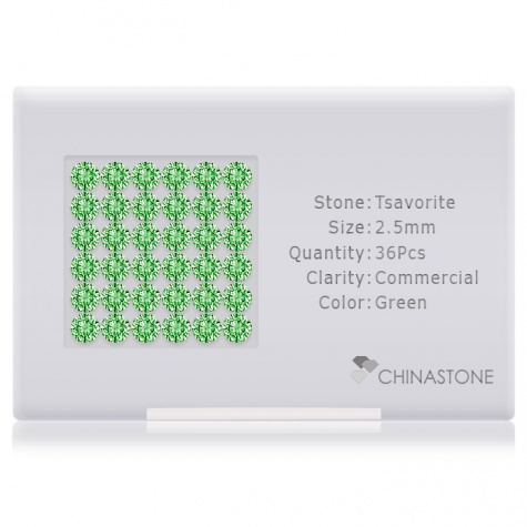 A perfectly calibrated lot of 36 high-precision cut natural grossular gemstones, which are secured in a purpose-built box and accompanied by a Certificate of Authenticity. Each round shaped stone on average weighs 0.083 carat, measuring 2.5mm in length, 2.5mm in width and 1.62mm in depth, and features an exceptional brilliant cut and finish, along with an absolute minimum variance of color difference.
