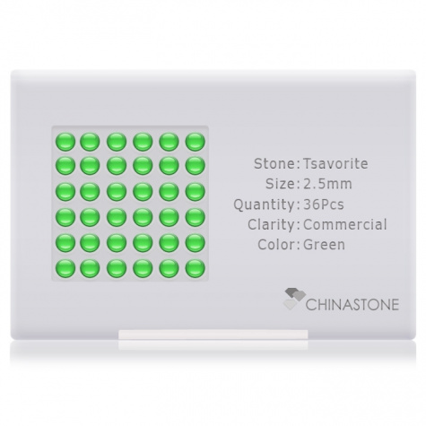 A perfectly calibrated lot of 36 high-precision cut natural grossular gemstones, which are secured in a purpose-built box and accompanied by a Certificate of Authenticity. Each round shaped stone on average weighs 0.095 carat, measuring 2.5mm in length, 2.5mm in width and 1.62mm in depth, and features an exceptional cabochon cut and finish, along with an absolute minimum variance of color difference.