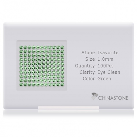 A perfectly calibrated lot of 100 high-precision cut natural grossular gemstones, which are secured in a purpose-built box and accompanied by a Certificate of Authenticity. Each round shaped stone on average weighs 0.006 carat, measuring 1mm in length, 1mm in width and 0.65mm in depth, and features an exceptional brilliant cut and finish, along with an absolute minimum variance of color difference.