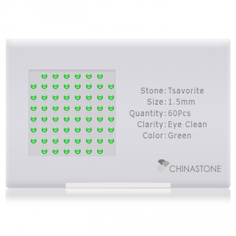 A perfectly calibrated lot of 60 high-precision cut natural grossular gemstones, which are secured in a purpose-built box and accompanied by a Certificate of Authenticity. Each round shaped stone on average weighs 0.02 carat, measuring 1.5mm in length, 1.5mm in width and 0.98mm in depth, and features an exceptional cabochon cut and finish, along with an absolute minimum variance of color difference.