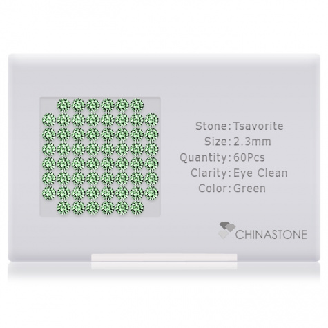 A perfectly calibrated lot of 60 high-precision cut natural grossular gemstones, which are secured in a purpose-built box and accompanied by a Certificate of Authenticity. Each round shaped stone on average weighs 0.063 carat, measuring 2.3mm in length, 2.3mm in width and 1.5mm in depth, and features an exceptional brilliant cut and finish, along with an absolute minimum variance of color difference.