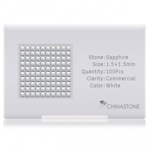 A perfectly calibrated lot of 100 high-precision cut natural sapphire gemstones, which are secured in a purpose-built box and accompanied by a Certificate of Authenticity. Each square shaped stone on average weighs 0.02 carat, measuring 1.5mm in length, 1.5mm in width and 0.98mm in depth, and features an exceptional princess cut and finish, along with an absolute minimum variance of color difference.