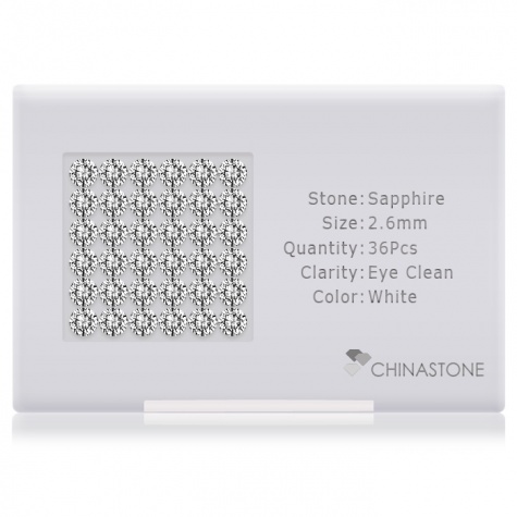 A perfectly calibrated lot of 36 high-precision cut natural sapphire gemstones, which are secured in a purpose-built box and accompanied by a Certificate of Authenticity. Each round shaped stone on average weighs 0.091 carat, measuring 2.6mm in length, 2.6mm in width and 1.69mm in depth, and features an exceptional brilliant cut and finish, along with an absolute minimum variance of color difference.