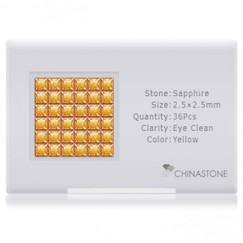 A perfectly calibrated lot of 36 high-precision cut natural sapphire gemstones, which are secured in a purpose-built box and accompanied by a Certificate of Authenticity. Each square shaped stone on average weighs 0.094 carat, measuring 2.5mm in length, 2.5mm in width and 1.62mm in depth, and features an exceptional princess cut and finish, along with an absolute minimum variance of color difference.