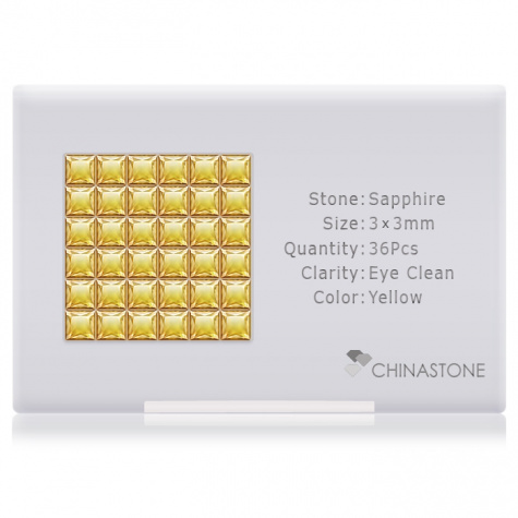 A perfectly calibrated lot of 36 high-precision cut natural sapphire gemstones, which are secured in a purpose-built box and accompanied by a Certificate of Authenticity. Each square shaped stone on average weighs 0.168 carat, measuring 3mm in length, 3mm in width and 1.95mm in depth, and features an exceptional princess cut and finish, along with an absolute minimum variance of color difference.