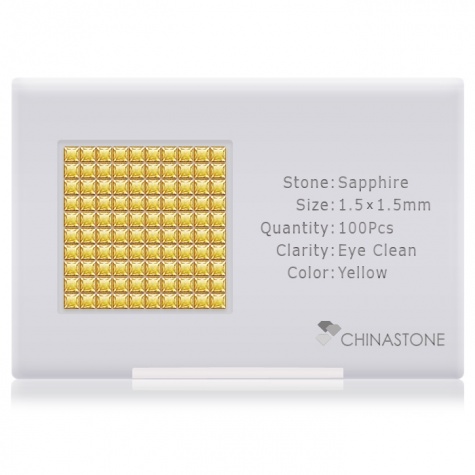 A perfectly calibrated lot of 100 high-precision cut natural sapphire gemstones, which are secured in a purpose-built box and accompanied by a Certificate of Authenticity. Each square shaped stone on average weighs 0.02 carat, measuring 1.5mm in length, 1.5mm in width and 1.02mm in depth, and features an exceptional princess cut and finish, along with an absolute minimum variance of color difference.