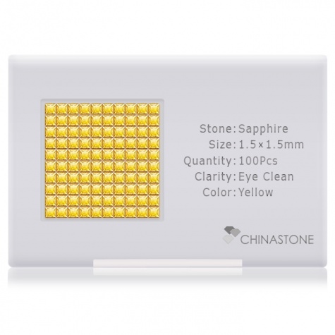 A perfectly calibrated lot of 100 high-precision cut natural sapphire gemstones, which are secured in a purpose-built box and accompanied by a Certificate of Authenticity. Each square shaped stone on average weighs 0.02 carat, measuring 1.5mm in length, 1.5mm in width and 1.02mm in depth, and features an exceptional princess cut and finish, along with an absolute minimum variance of color difference.