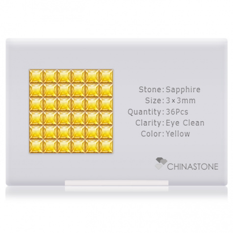A perfectly calibrated lot of 36 high-precision cut natural sapphire gemstones, which are secured in a purpose-built box and accompanied by a Certificate of Authenticity. Each square shaped stone on average weighs 0.168 carat, measuring 3mm in length, 3mm in width and 1.95mm in depth, and features an exceptional princess cut and finish, along with an absolute minimum variance of color difference.