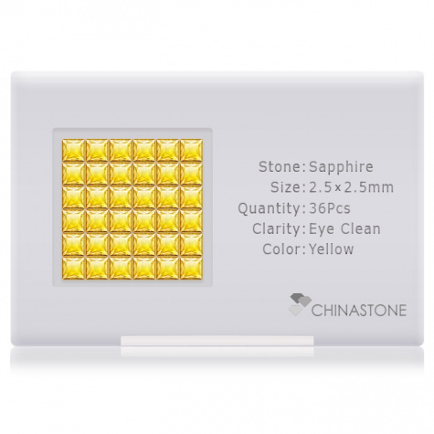 A perfectly calibrated lot of 36 high-precision cut natural sapphire gemstones, which are secured in a purpose-built box and accompanied by a Certificate of Authenticity. Each square shaped stone on average weighs 0.094 carat, measuring 2.5mm in length, 2.5mm in width and 1.62mm in depth, and features an exceptional princess cut and finish, along with an absolute minimum variance of color difference.