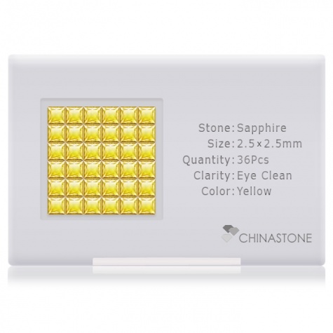 A perfectly calibrated lot of 36 high-precision cut natural sapphire gemstones, which are secured in a purpose-built box and accompanied by a Certificate of Authenticity. Each square shaped stone on average weighs 0.094 carat, measuring 2.5mm in length, 2.5mm in width and 1.7mm in depth, and features an exceptional princess cut and finish, along with an absolute minimum variance of color difference.