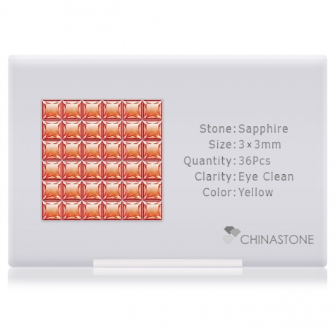 A perfectly calibrated lot of 36 high-precision cut natural sapphire gemstones, which are secured in a purpose-built box and accompanied by a Certificate of Authenticity. Each square shaped stone on average weighs 0.168 carat, measuring 3mm in length, 3mm in width and 1.95mm in depth, and features an exceptional princess cut and finish, along with an absolute minimum variance of color difference.