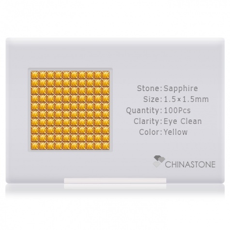 A perfectly calibrated lot of 100 high-precision cut natural sapphire gemstones, which are secured in a purpose-built box and accompanied by a Certificate of Authenticity. Each square shaped stone on average weighs 0.02 carat, measuring 1.5mm in length, 1.5mm in width and 1.02mm in depth, and features an exceptional princess cut and finish, along with an absolute minimum variance of color difference.