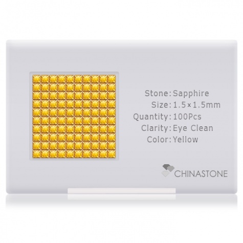 A perfectly calibrated lot of 100 high-precision cut natural sapphire gemstones, which are secured in a purpose-built box and accompanied by a Certificate of Authenticity. Each square shaped stone on average weighs 0.02 carat, measuring 1.5mm in length, 1.5mm in width and 0.98mm in depth, and features an exceptional princess cut and finish, along with an absolute minimum variance of color difference.